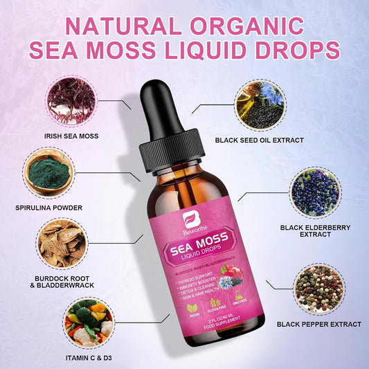 Sea Moss Liquid Drops - Organic Black Seed Oil Irish Sea Moss Gel With Burdock Root, Bladderwrack, Elderberry, Vitamin C, D3, 6X Stronger Seamoss Gel For Digestive, Hair Health Vegan