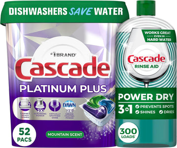 Bundle Of Cascade Platinum Plus Actionpacs Dishwasher Detergent Pods, Mountain, 52 Count + Cascade Rinse Aid Platinum, Regular Scent, 30.5 Oz