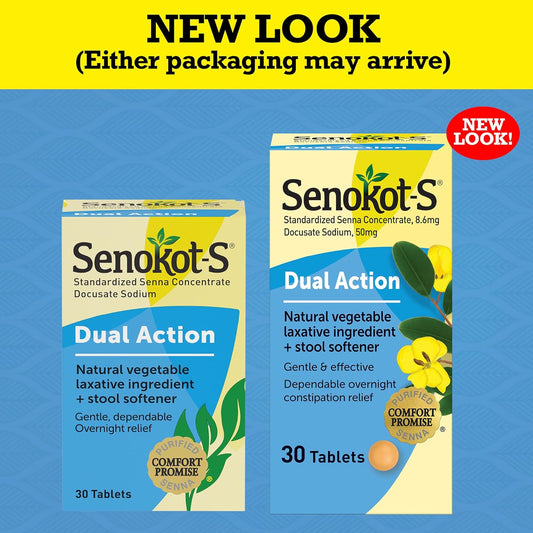 Senokot S Dual Action Natural Vegetable Laxative Ingredient Plus Stool Softener Tablets, Gentle Dependable Overnight Relief Of Occasional Constipation, 30 Count