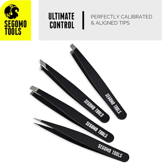Segomo Tools 4 Piece Tweezer Set - Tweezers For Women - Ingrown Hair Removal Kit - Eyebrow Plucker - Precision Tweezers - Flat, Angled, Slant & Pointed Tweezers - Tw004