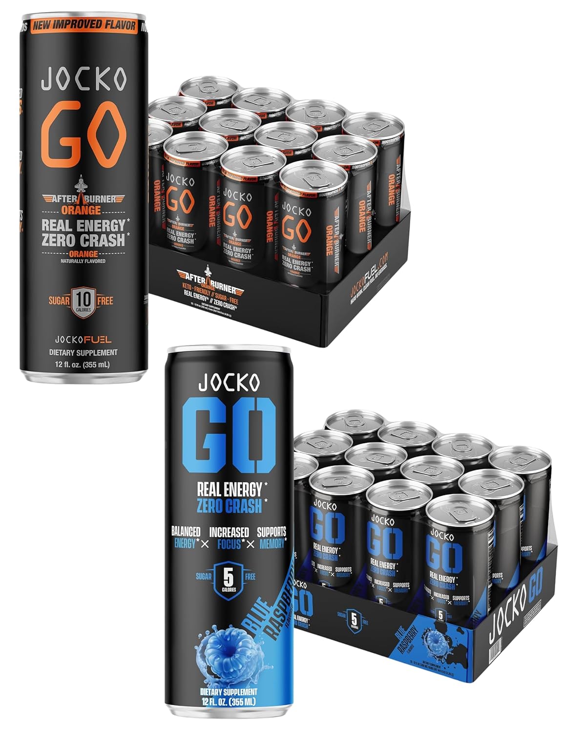 Jocko Go Energy Drink Bundle - Orange & Blue Raspberry (24 Cans) 2 Flavors