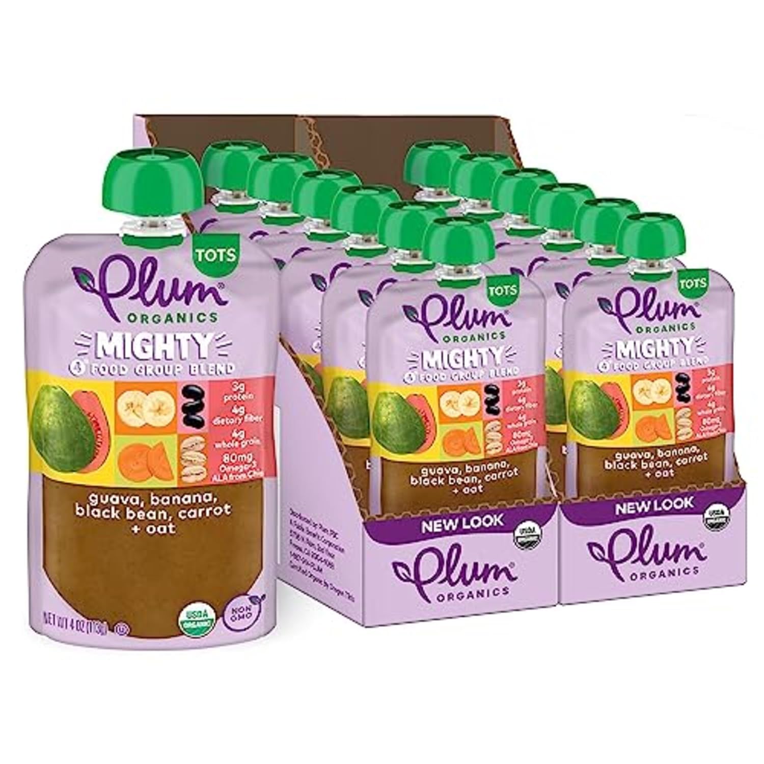 Plum Organics Mighty 4 Organic Toddler Food - Guava, Banana, Black Bean, Carrot, And Oat - 4 Oz Pouch (Pack Of 12) - Organic Fruit And Vegetable Toddler Food Pouch