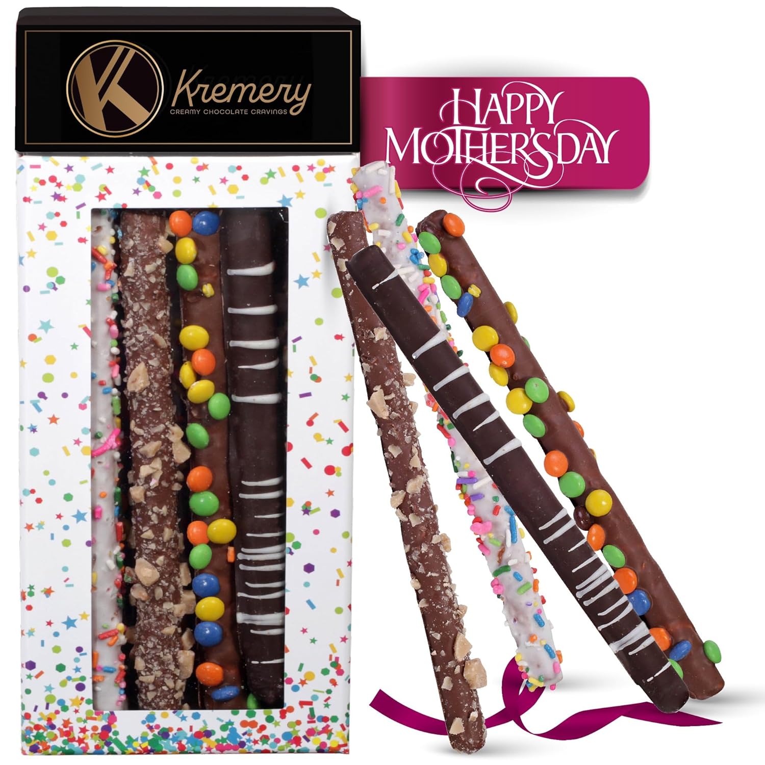 Kremery Creamy Chocolate Cravings - Mothers Day Chocolate Covered Pretzel Rods Gift Basket In Confetti Tower, Assorted Candy Toppings (10 Count) Birthday Care Package - Kosher Dairy Usa Made