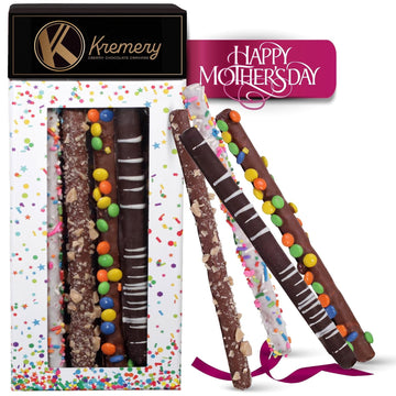 KREMERY Creamy Chocolate Cravings - Mothers Day Chocolate Covered Pretzel Rods Gift Basket in Confetti Tower, Assorted Candy Toppings (10 Count) Birthday Care Package - Kosher Dairy USA Made