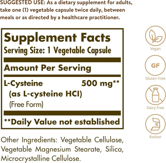 Solgar L-Cysteine 500 Mg, 90 Vegetable Capsules - Free Form Amino Acid - Keratin Support For Skin, Hair & Nails - Glutathione Support - Vegan, Gluten Free, Dairy Free, Kosher - 90 Servings