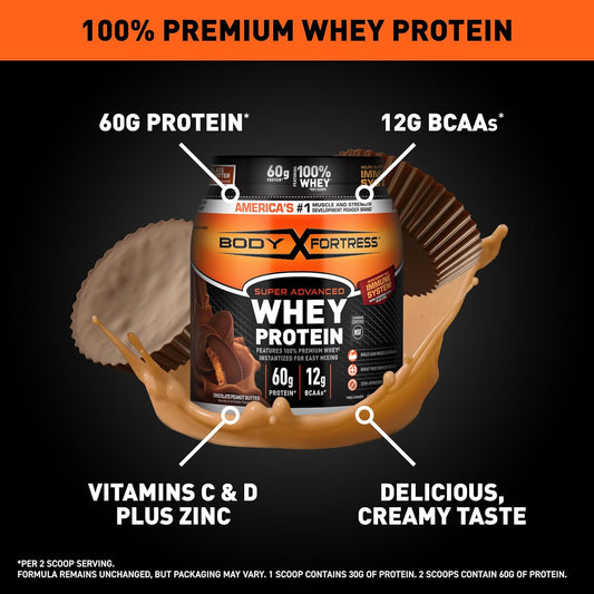 Body Fortress Super Advanced Whey Protein Powder, Chocolate Peanut Butter, 60G Protein & 12G Bcaas Per 2 Scoops, Muscle Gain & Recovery, Immune Support With Vitamins C & D, 1.78Lbs