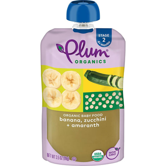 Plum Organics Stage 2 Organic Baby Food - Banana, Zucchini, And Amaranth - 3.5 Oz Pouch (Pack Of 12) - Organic Fruit And Vegetable Baby Food Pouch