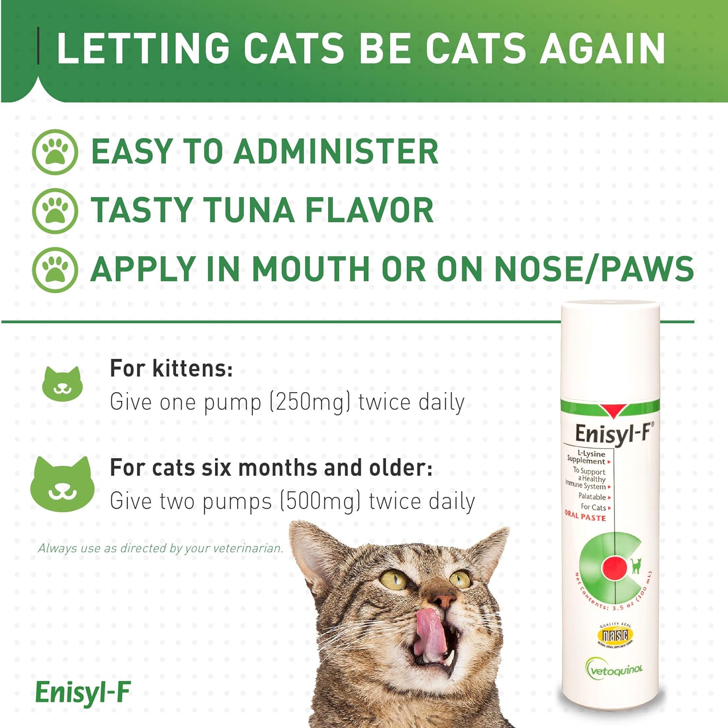 Vetoquinol Enisyl-F Oral Paste: L-Lysine Supplement for Cats - Tuna Flavor, 3.4oz (100mL) Pump : Pet Dental Care Supplies : Pet Supplies
