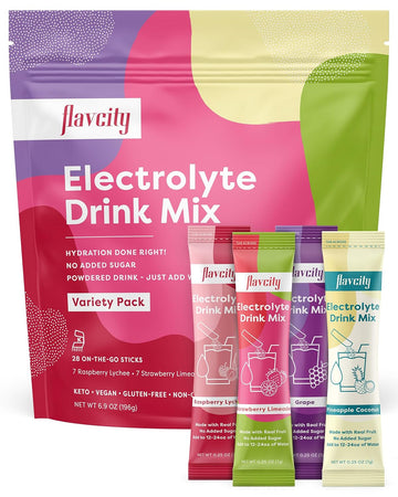 Flavcity Electrolytes Drink Mix, Variety Pack, 28 On-The-Go Stick Packs - Healthy Electrolytes Powder Packets Made With Real Fruit - Keto Powdered Drink With No Added Sugar, Gluten-Free