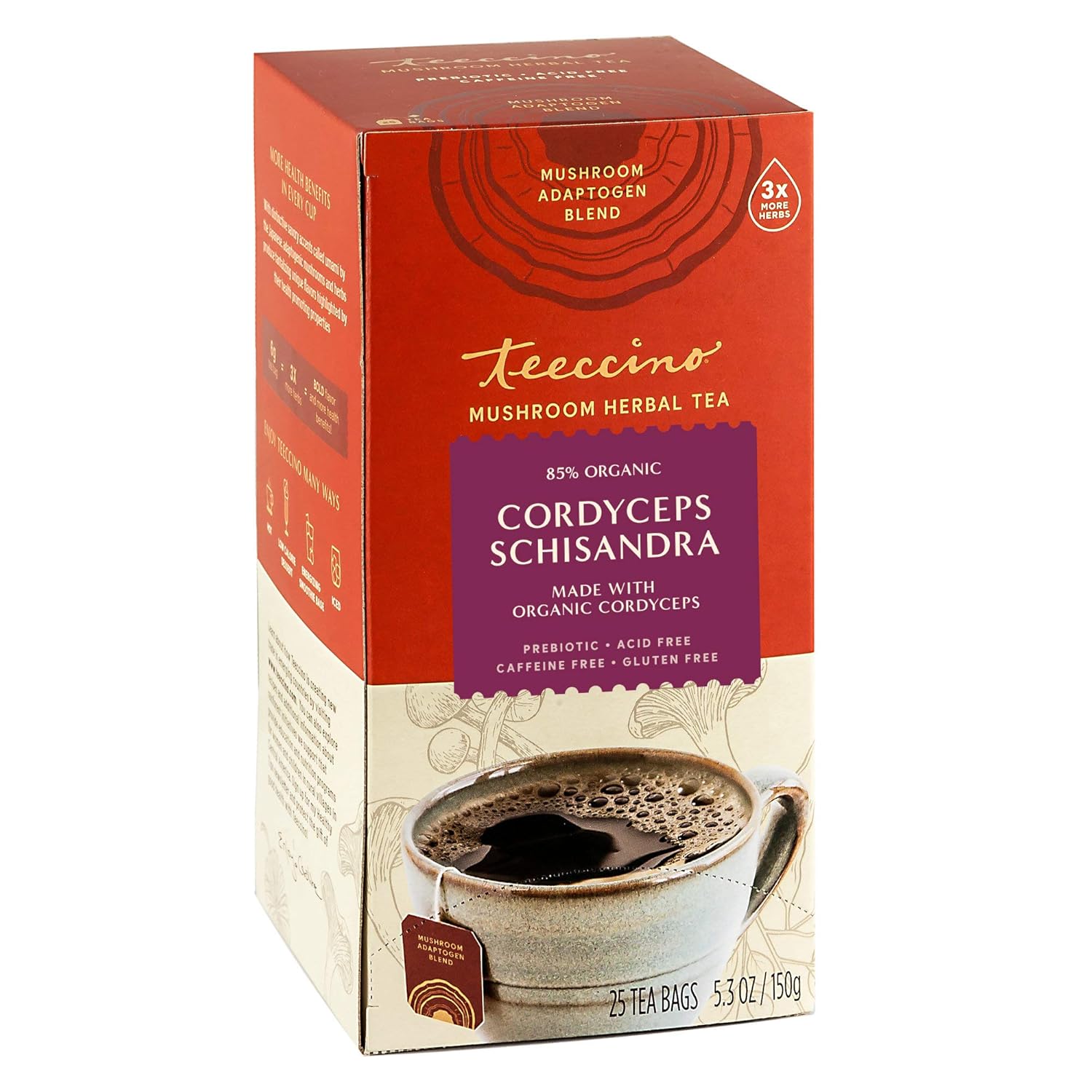 Teeccino Cordyceps Schisandra Tea - Cinnamon Berry - Caffeine Free Mushroom Adaptogenic Herbal Tea, 3X More Herbs Than Regular Tea Bags, Naturally Sweet, Gluten Free, Prebiotic - 25 Tea Bags