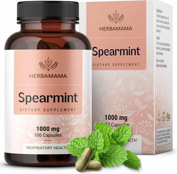 Herbamama Spearmint Leaf Capsules - 1000 Mg Spearmint Leaves For Digestive Health Support - Mentha Spicata Spearmint Supplement - Vegan, Non-Gmo - 100 Caps