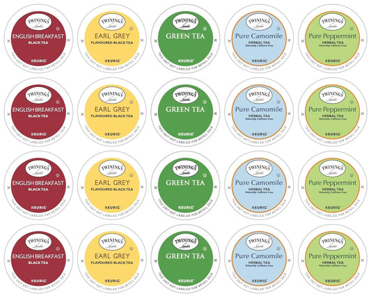 Twinings Tea Sampler (20 Count) Keurig K Cups Assortment with 10 By The Cup Honey Sticks