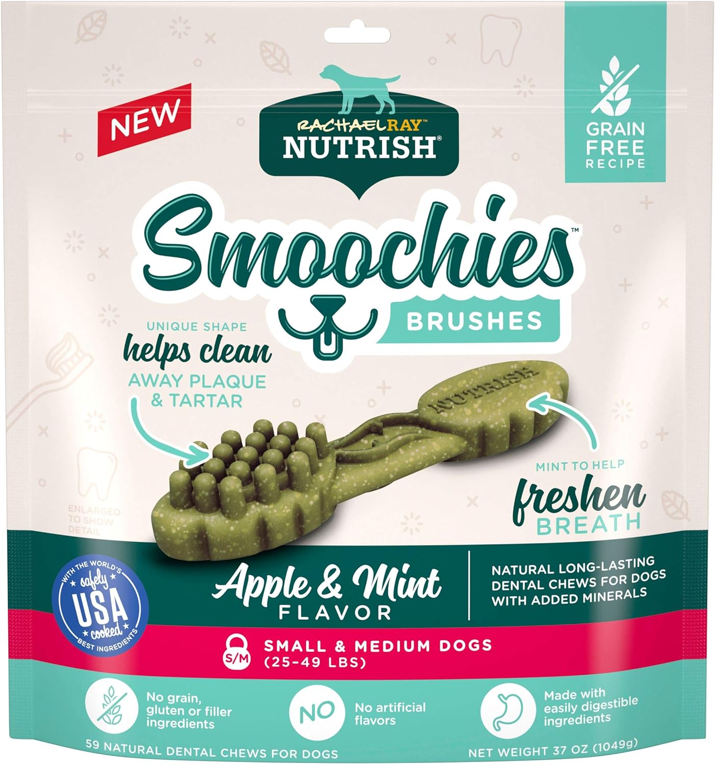 Rachael Ray Nutrish Smoochies Brushes Natural Long Lasting Dog Dental Chews, Apple & Mint, Small/Medium Size, 59 Treats, Grain Free