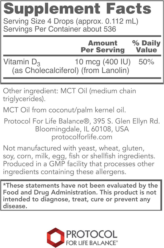 Protocol Liquid Vitamin D3 400 IU - Bone & Teeth Support* - Dietary Supplement for Immunity & Bone Mineralization* - Non-GMO, Halal, Kosher, Keto-Friendly - 527 Servings