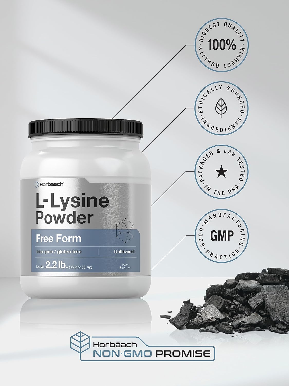 Horbäach L-Lysine Powder | 2.2 lbs | Unflavored Free Form Supplement | Vegetarian, Non-GMO, Gluten Free Formula : Health & Household