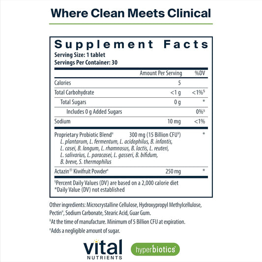 Hyperbiotics Vital Nutrients Pro-15 Advanced Probiotics For Women And Men | 15 Strains + Kiwifruit | Clinically Studied Daily Probiotics For Digestive Health, Gas, & Bloating | 30 Vegan Tablets