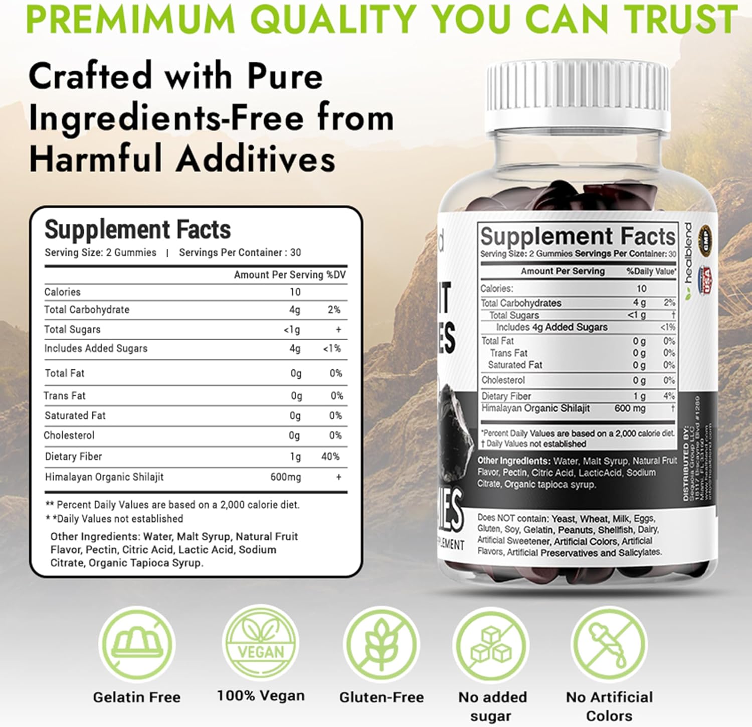 Healblend Organic Himalayan Shilajit Gummies 600Mg - Optimal Health, Energy & Immunity Support For Men & Women, Natural Fruit Flavor - 60 Gummy (1) : Health & Household