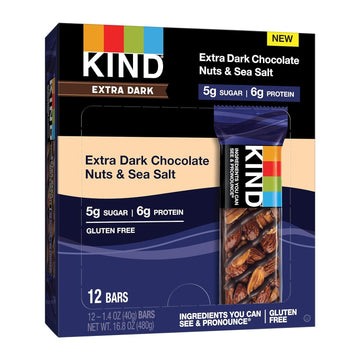 Kind Nut Bars, Extra Dark Chocolate Nuts And Sea Salt, 1.4 Ounce, 12 Count, Gluten Free, 5G Sugar, 6G Protein