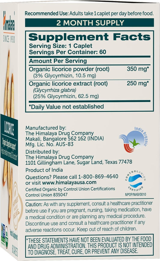 Himalaya Organic Licorice Root Herbal Supplement, Non-Dgl, Occasional Heartburn And Indigestion Relief, Upset Stomach Relief, Digestive Support, Non-Gmo, Usda Organic, Vegan, 60 Plant-Based Caplets