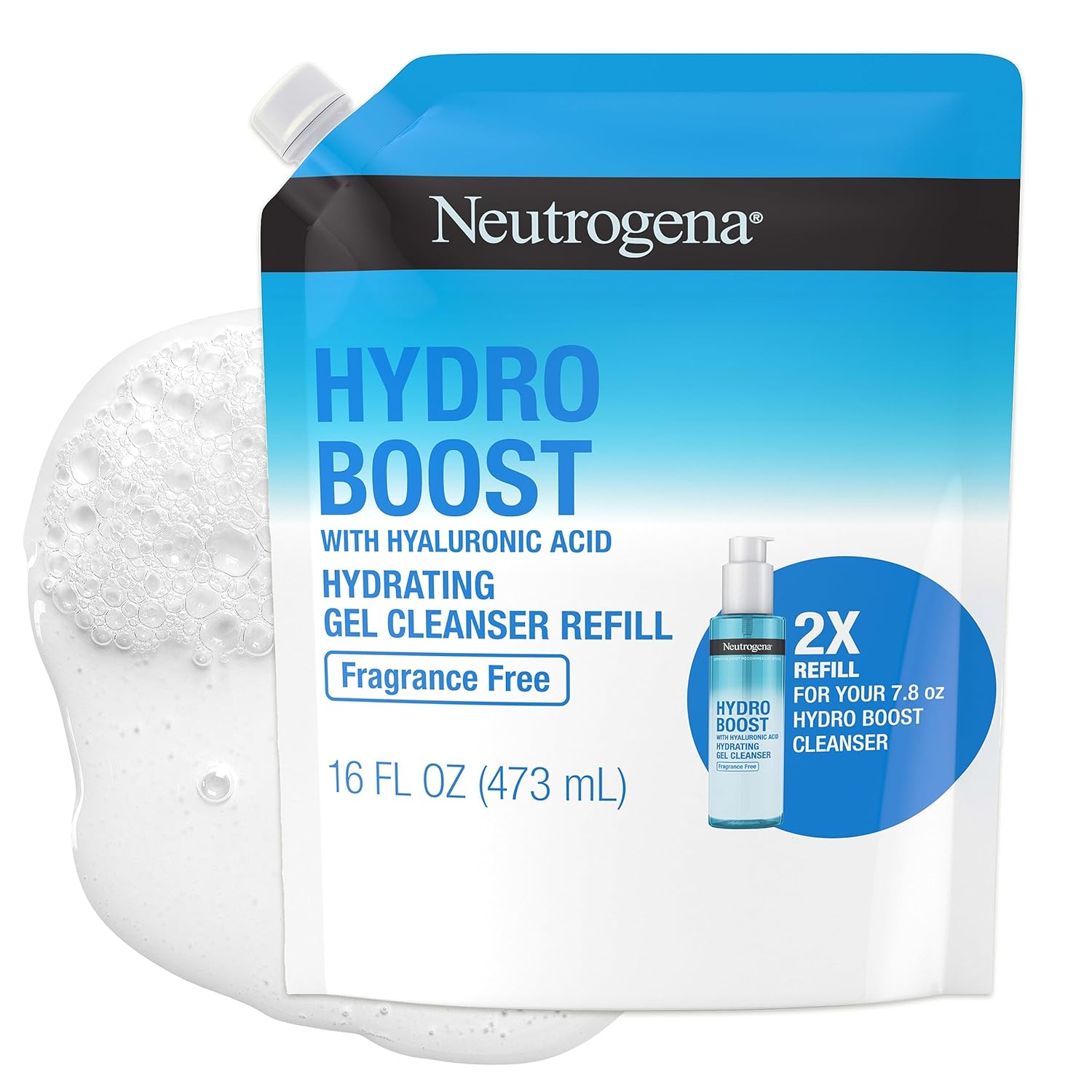 Neutrogena Hydro Boost Fragrance Free Hydrating Gel Facial Cleanser With Hyaluronic Acid, Daily Foaming Face Wash & Makeup Remover, Gentle Face Wash, Non-Comedogenic, Refill Pouch, 16 Fl. Oz