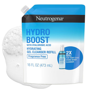 Neutrogena Hydro Boost Fragrance Free Hydrating Gel Facial Cleanser With Hyaluronic Acid, Daily Foaming Face Wash & Makeup Remover, Gentle Face Wash, Non-Comedogenic, Refill Pouch, 16 Fl. Oz