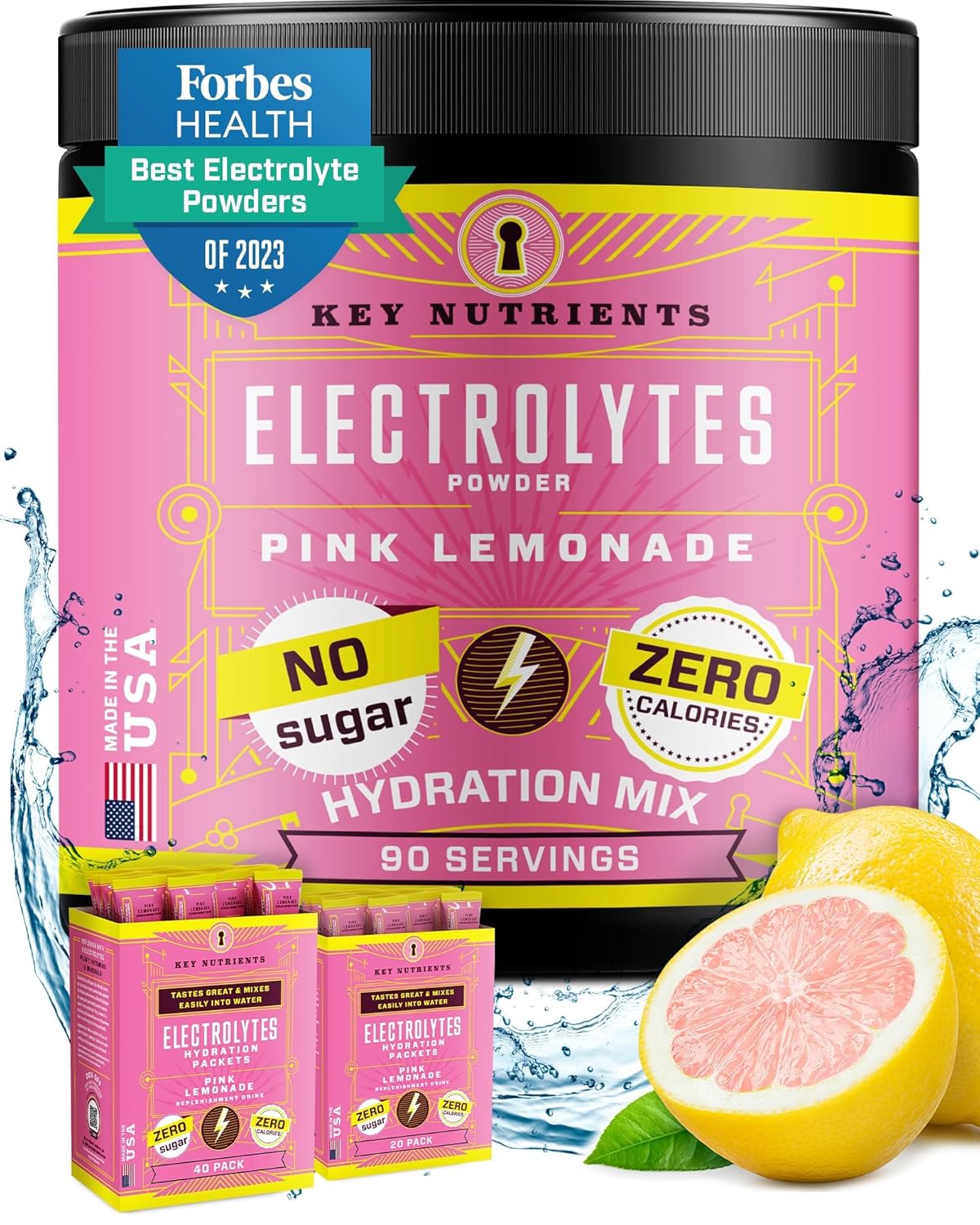 Key Nutrients Multivitamin Electrolytes Powder No Sugar - Fresh Pink Lemonade Electrolyte Powder - Endurance & Energy Supplement - Hydration Powder - No Calories - 90 Servings - Made In Usa