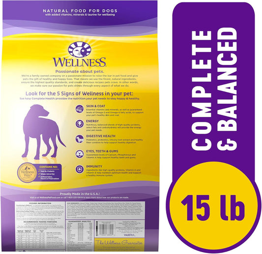 Wellness Complete Health Dry Dog Food With Grains, Natural Ingredients, Made In Usa With Real Meat, All Breeds, For Adult Dogs (Chicken & Oatmeal, 15-Pound Bag)