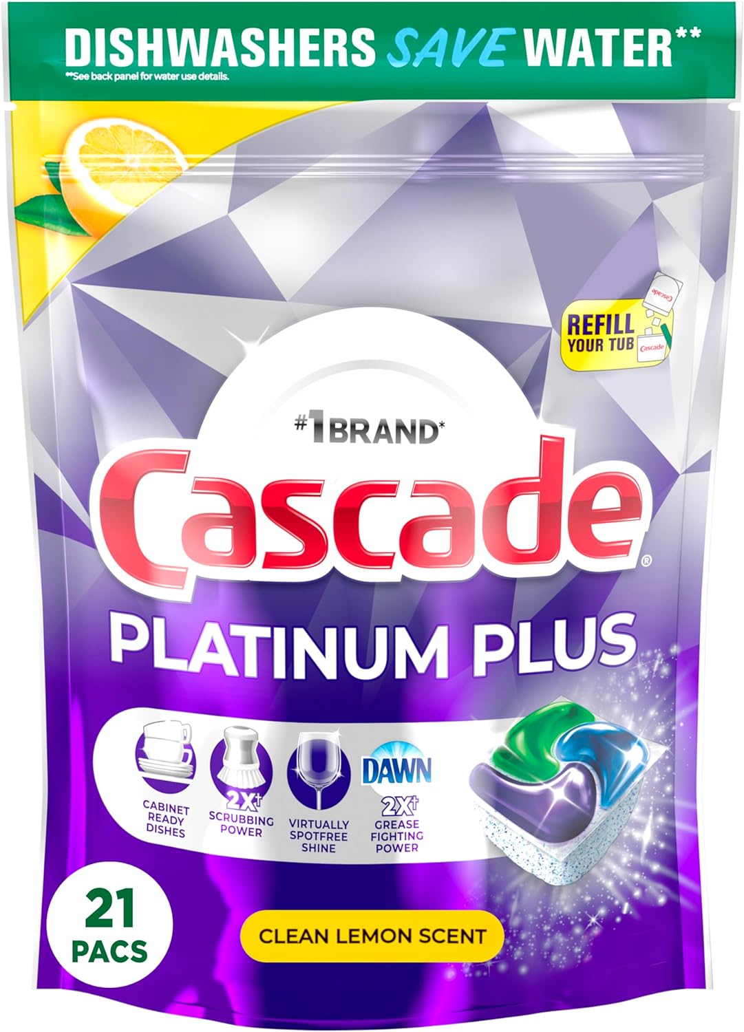 Cascade Platinum Plus Dishwasher Pods, Dish Detergent ActionPacs, Clean Lemon, 21 Count