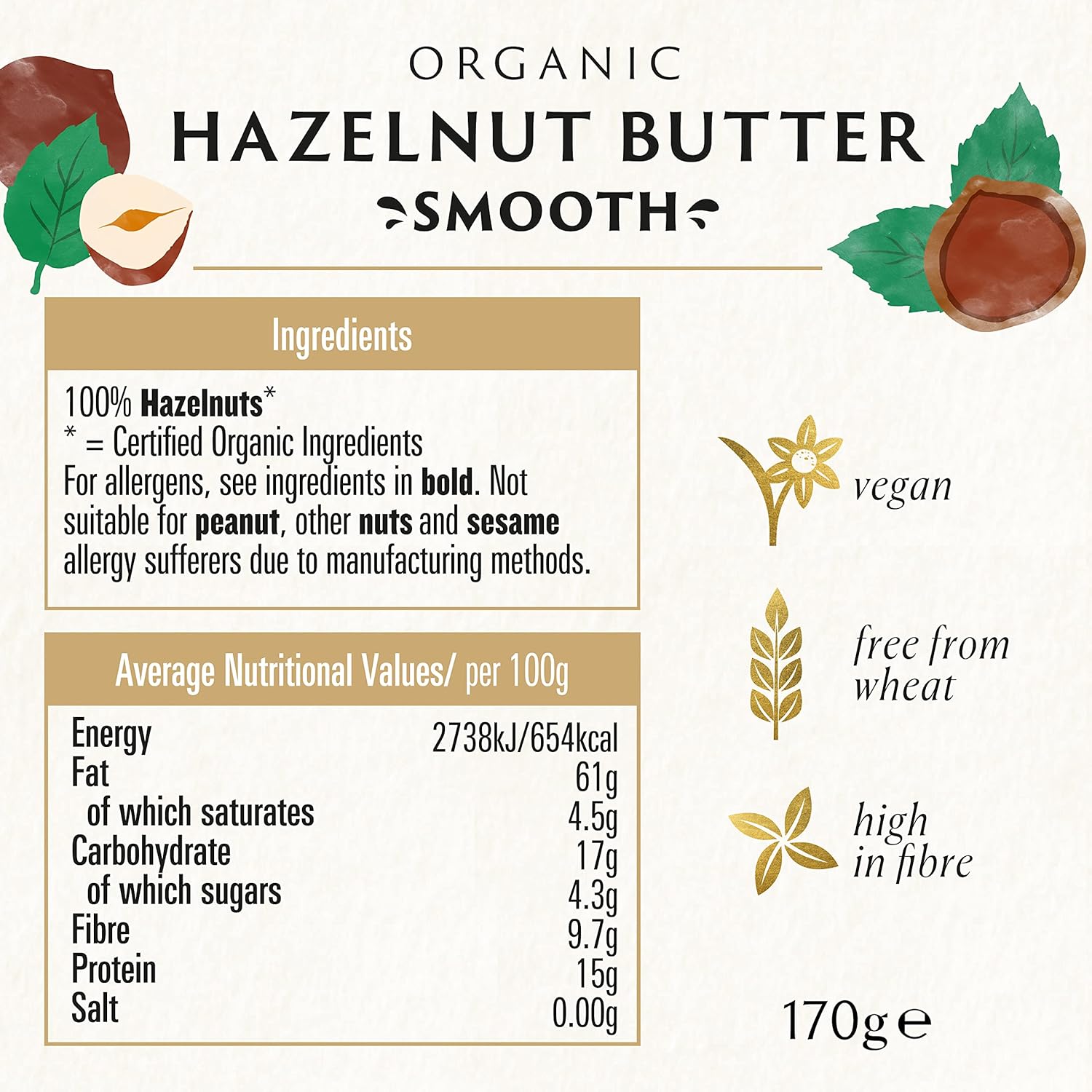 Biona Organic Hazelnut Butter, 170g - Smooth, Palm Oil & Emulsifier Free - 100% Organic Fresh Roasted Hazelnuts - No Added Sugar or Salt - Peanut, Almond Butter Alternative - Vegan : Amazon.co.uk: Grocery