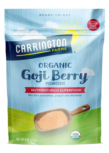 Carrington Farms – Organic Goji Berry Powder - Finely Milled Goji Berries – Sweet-Tart Flavor - Antioxidant Booster - Low Calorie 8 Ounce Bag