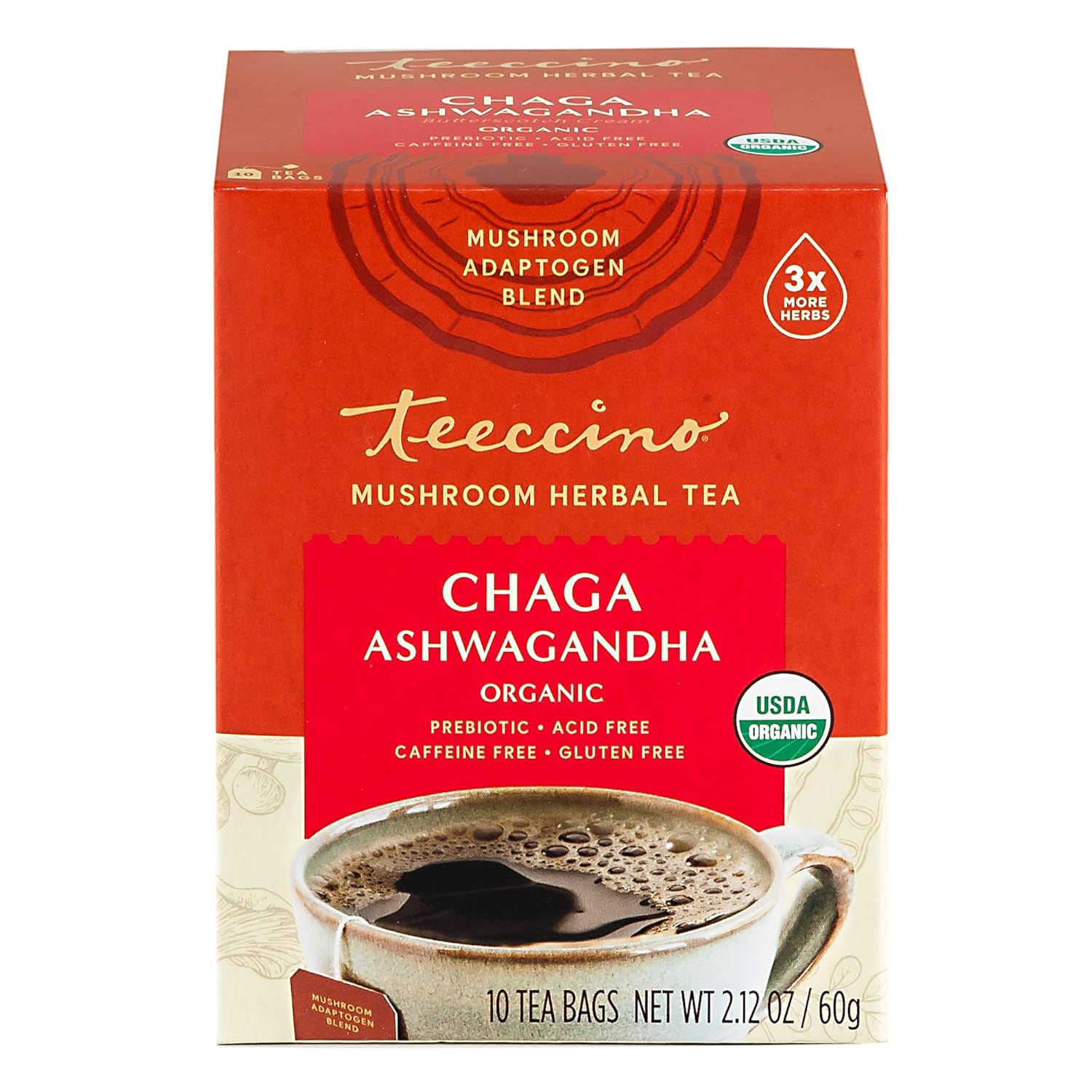 Teeccino Chaga Ashwagandha Tea - Butterscotch Cream - Organic Mushroom Adaptogenic Herbal Tea, 3x More Herbs than Regular Tea Bags, Prebiotic, Caffeine Free, Gluten Free - 10 Tea Bags