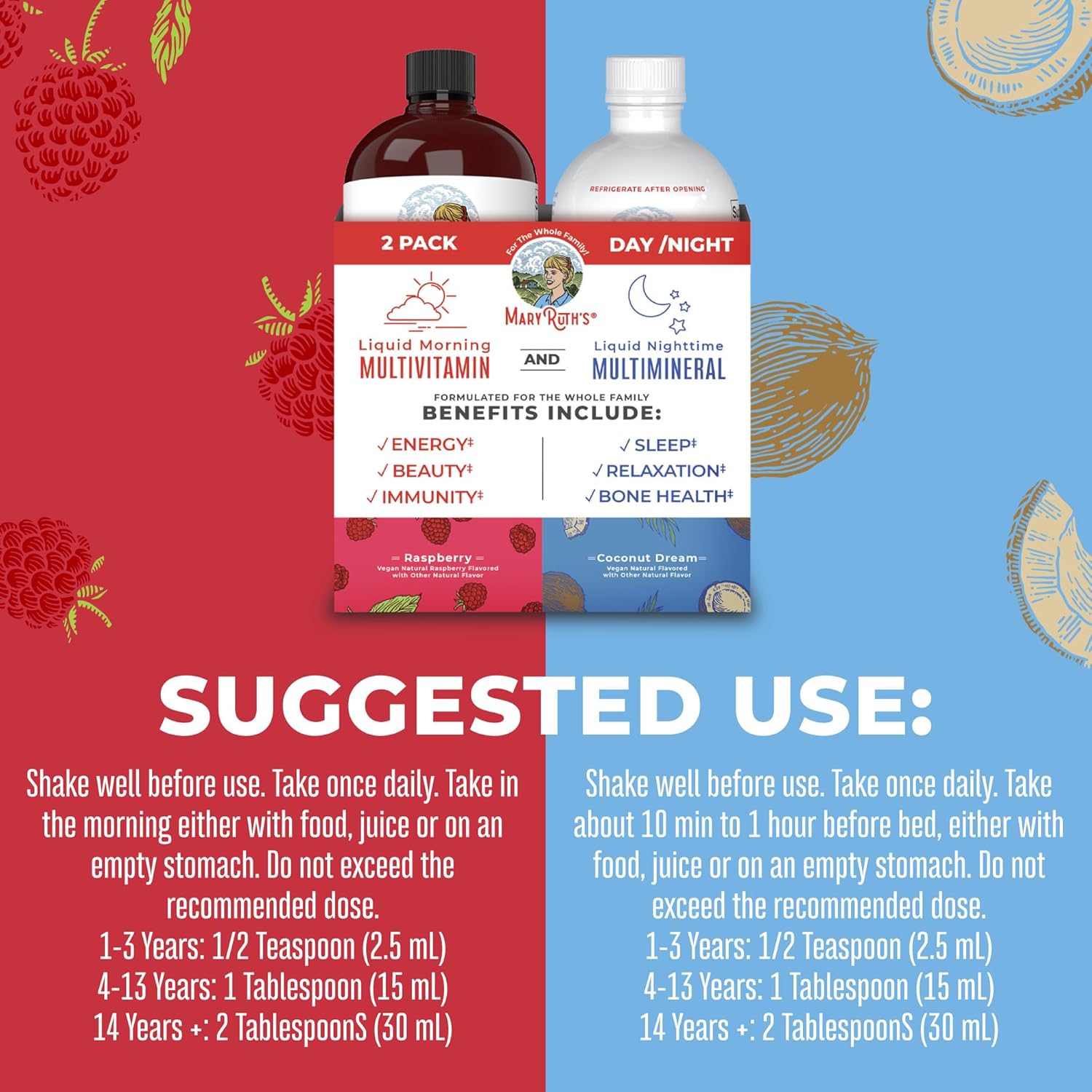MaryRuth Organics Liquid Morning Multivitamin & Liquid Nighttime Multimineral Bundle, Vegan Vitamin C, Vitamin D, B Complex, Magnesium, Energy, Beauty, Sleep Support, NO Melatonin, 32 Fl Oz Each : Health & Household