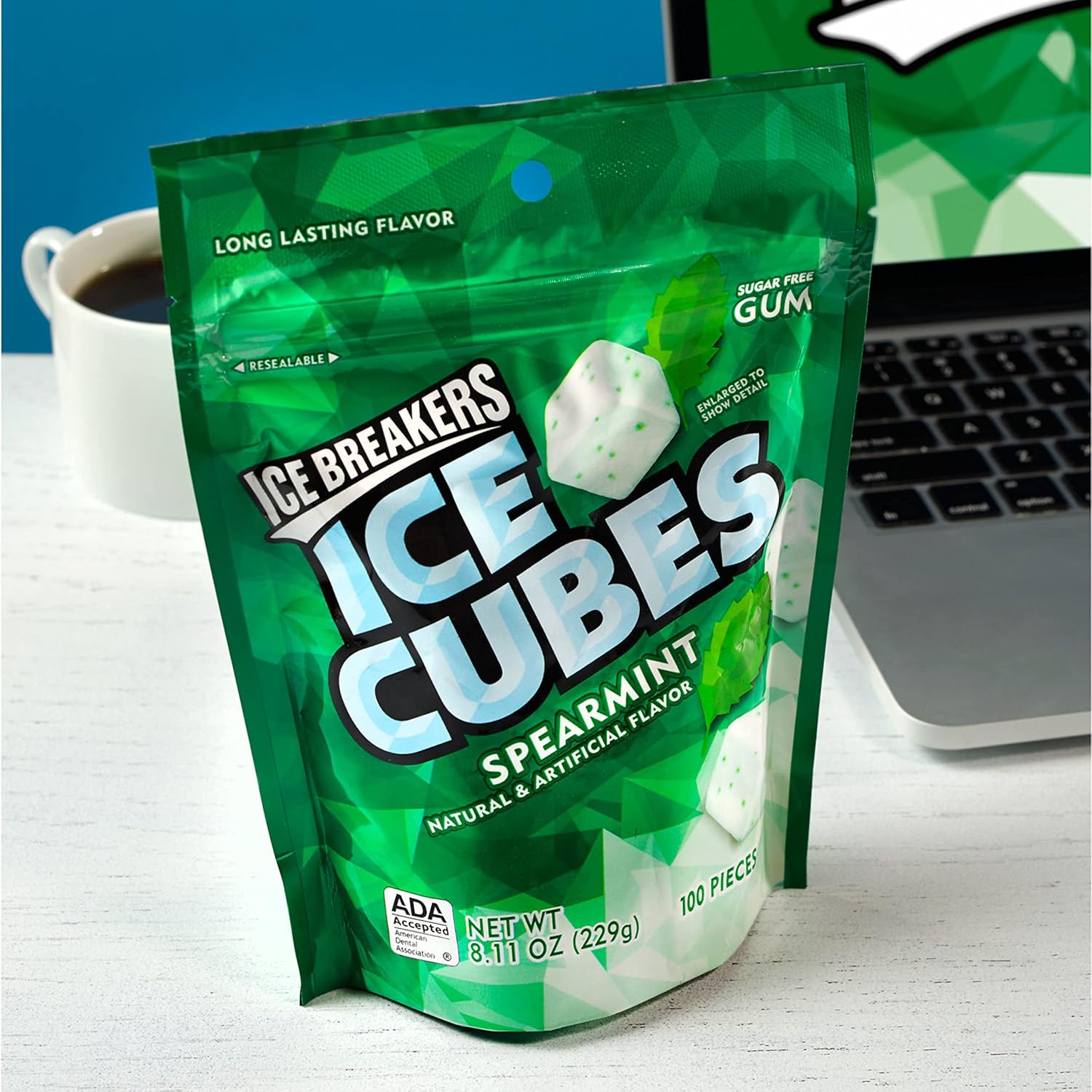 Ice Breakers Ice Cubes Spearmint Sugar Free Chewing Gum Pouch, 8.11 Oz (100 Pieces)