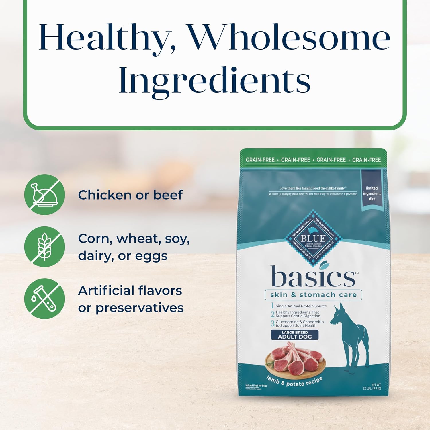 Blue Buffalo Basics Adult Large Breed Grain-Free Dry Dog Food for Skin & Stomach Care, Limited Ingredient Diet, Made in the USA with Natural Ingredients, Lamb & Potato Recipe, 22-lb. Bag : Pet Supplies