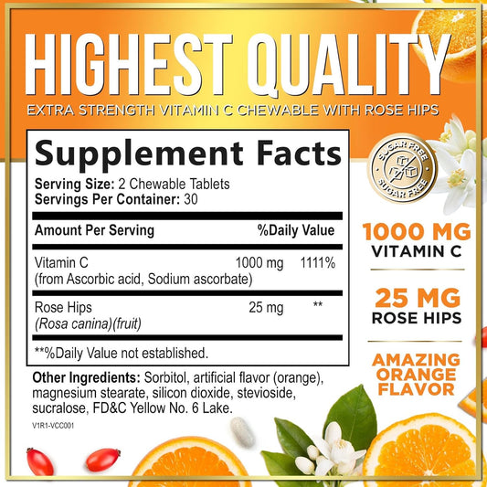 Vitamin C Supplement 1000Mg - Extra Strength With Rose Hips Bioflavonoids - Sugar Free Vitamin C Chewable Pills, Nature'S Vit C For Immune Support & Antioxidant Protection - 60 Chewable Tablets