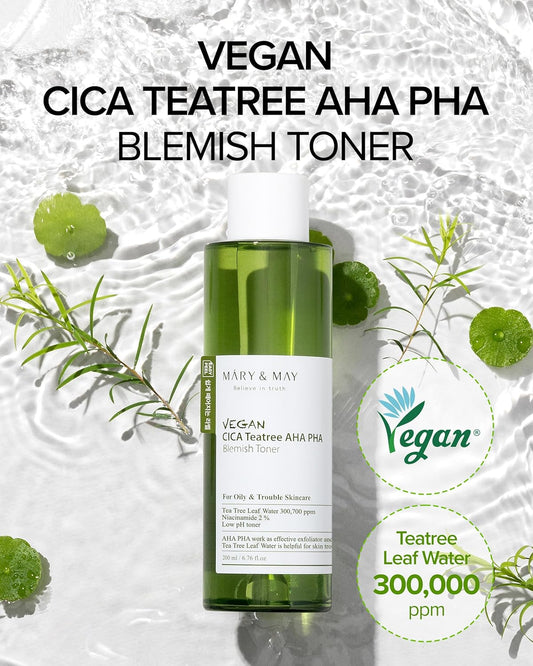 Mary&May Vegan Cica Tea Tree Aha Pha Blemish Toner - Oil Control And Skin Soothing Exfoliating Face Toner - Protects Skin Barrier, For Clear And Healthy Skin, 6.76 Fl.Oz