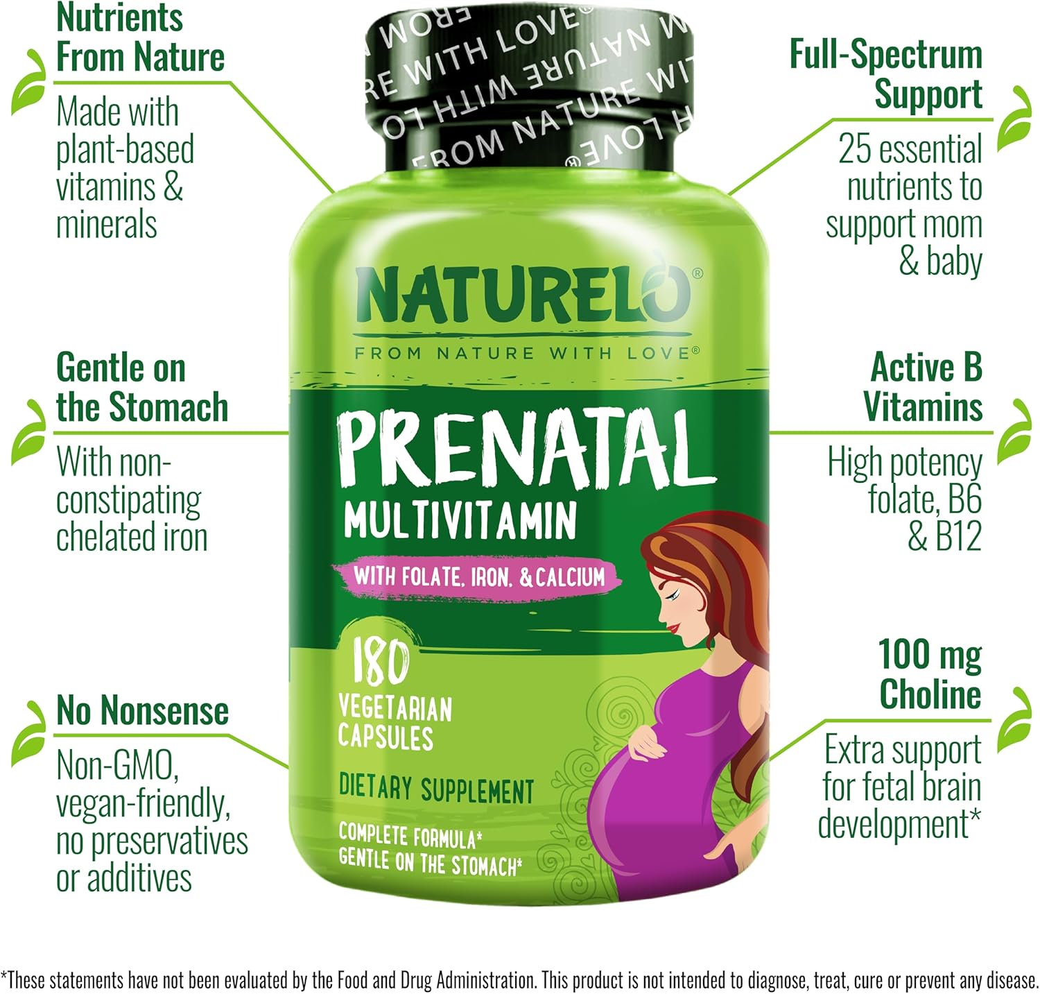 NATURELO Prenatal Multivitamin with Gentle Chelated Iron, Methyl Folate, Plant Calcium & Choline - Vegan, Vegetarian - Non-GMO - Gluten Free - 180 Capsules - 2 Month Supply : Health & Household