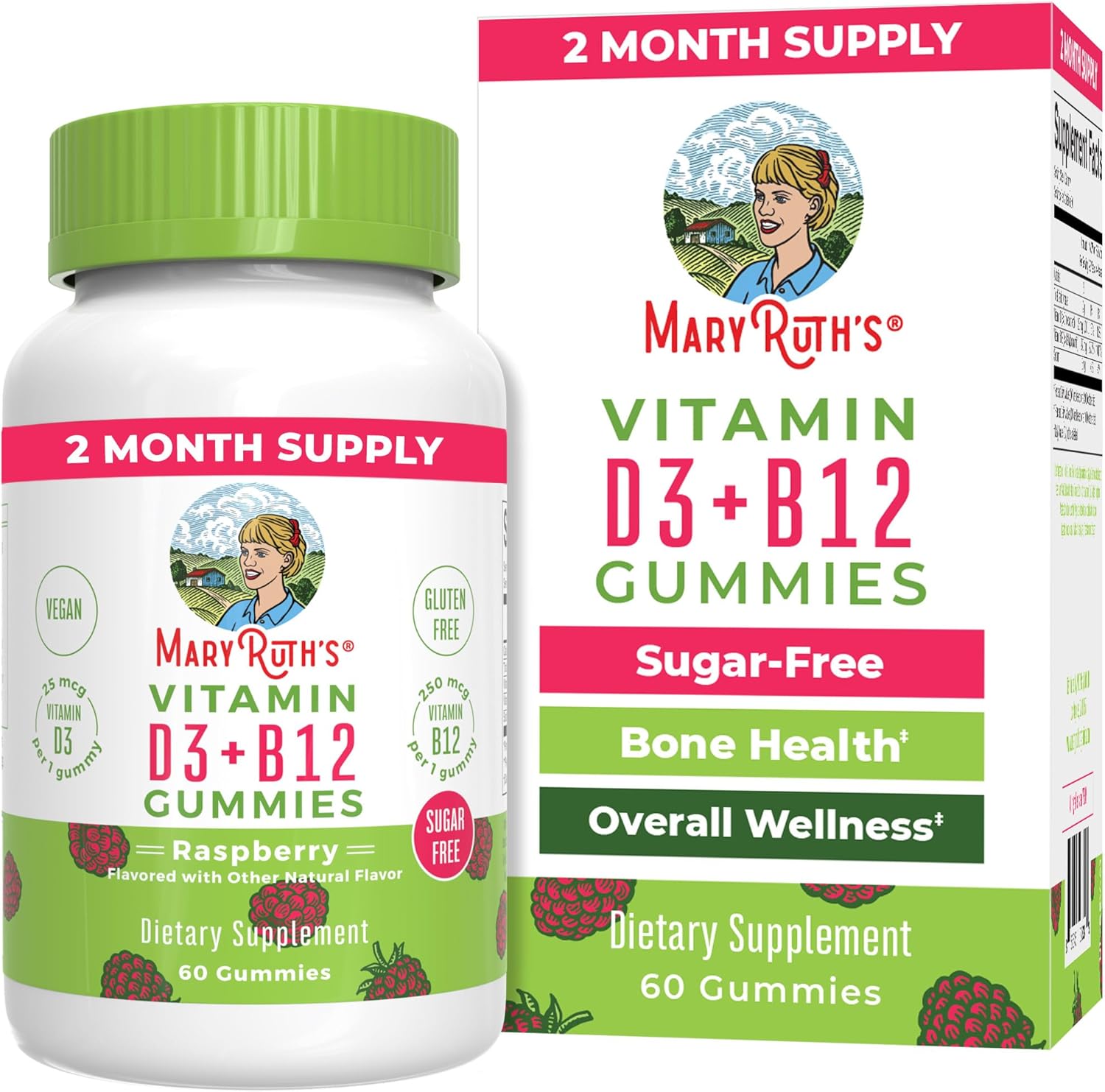 Maryruth'S | Vitamin D3 + Vitamin B12 Gummy Supplements For Adults & Kids | Supports Bone Health | Energy Boost | Raspberry | Sugar Free | Vegan | Non-Gmo | 2 Month Supply