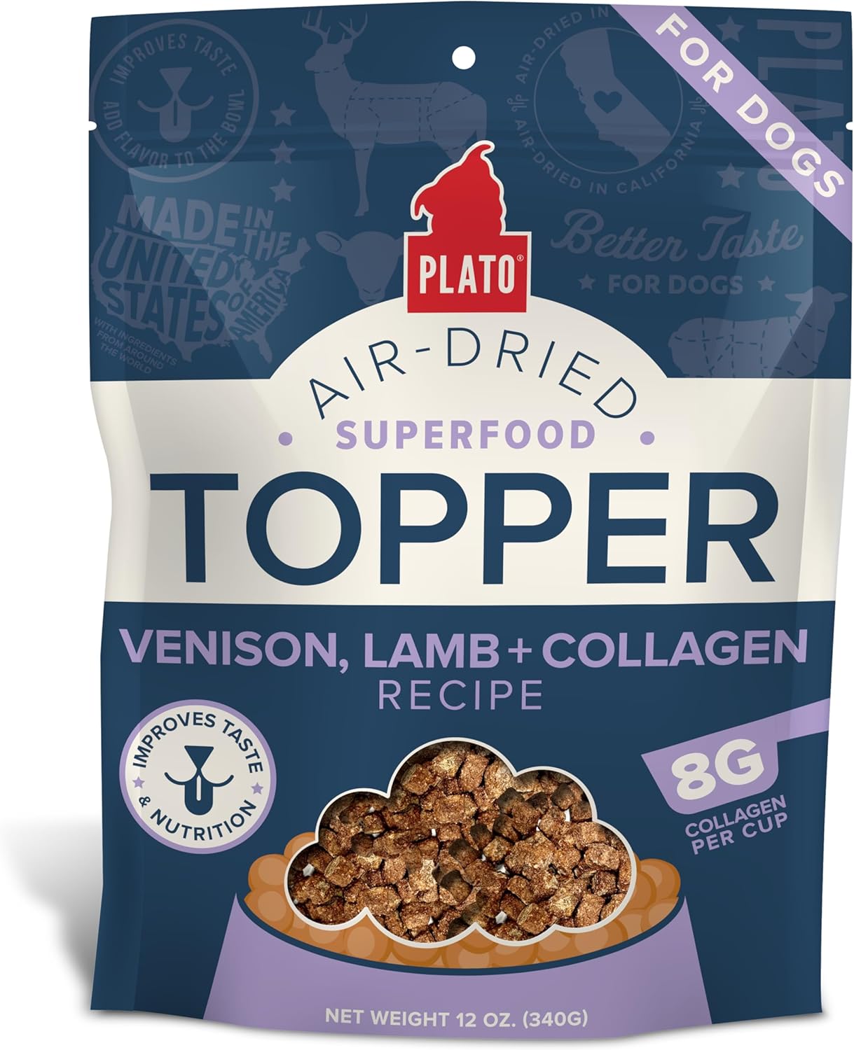 Plato Pet Treats Air Dried Dog Food Topper, Venison, Lamb And Collagen Recipe, Superfood, Grain Free, Made In The Usa, 5.5Oz