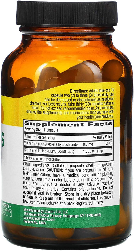 Country Life Vitamins Dl-Phenylalanine (Dlpa) 1000Mg – Essential Amino Acid – Supports Mood Health, Promotes Neurotransmitter Health – Gluten-Free, Vegan – 60 Capsules