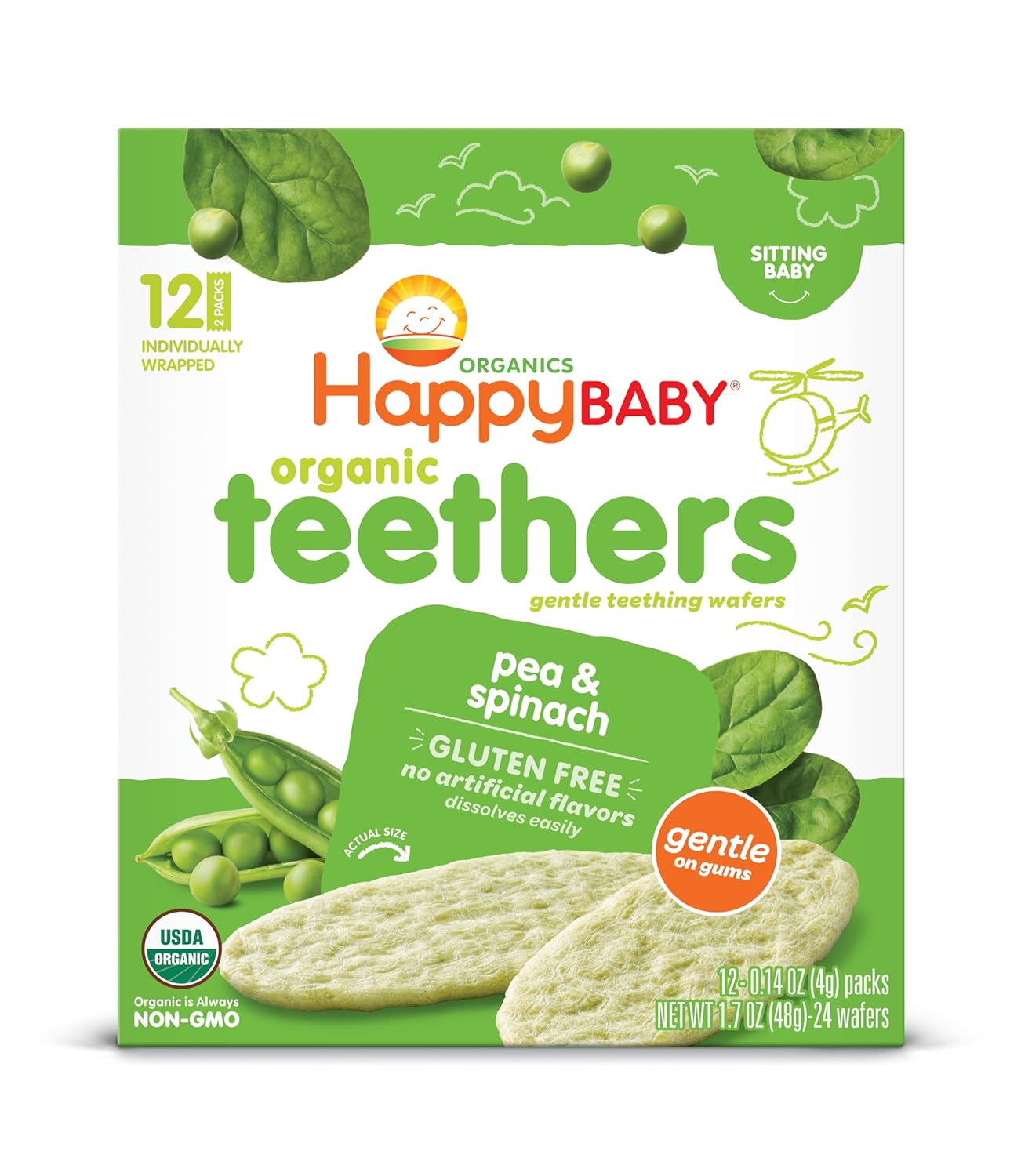 Happy Baby Organics Teether, Pea & Spinach, 12 Count (Pack Of 6)
