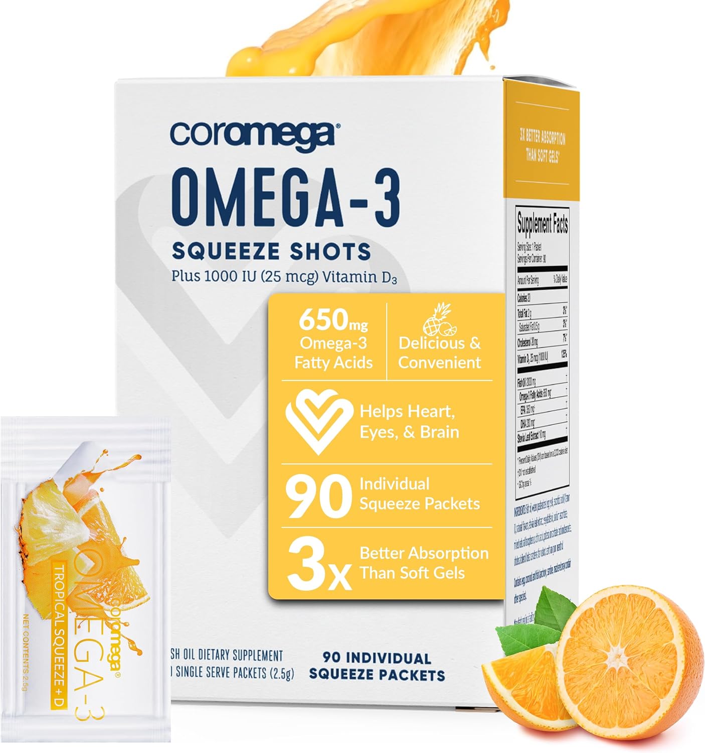 Coromega Omega 3 Fish Oil Supplement with Vitamin D3, 650mg of Omega-3