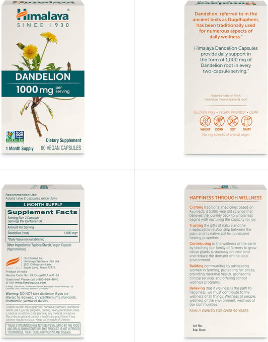 Himalaya Dandelion, Herbal Supplement For Daily Wellness Support, Vegan, Gluten Free, 1,000 Mg Dandelion Root, 60 Capsules