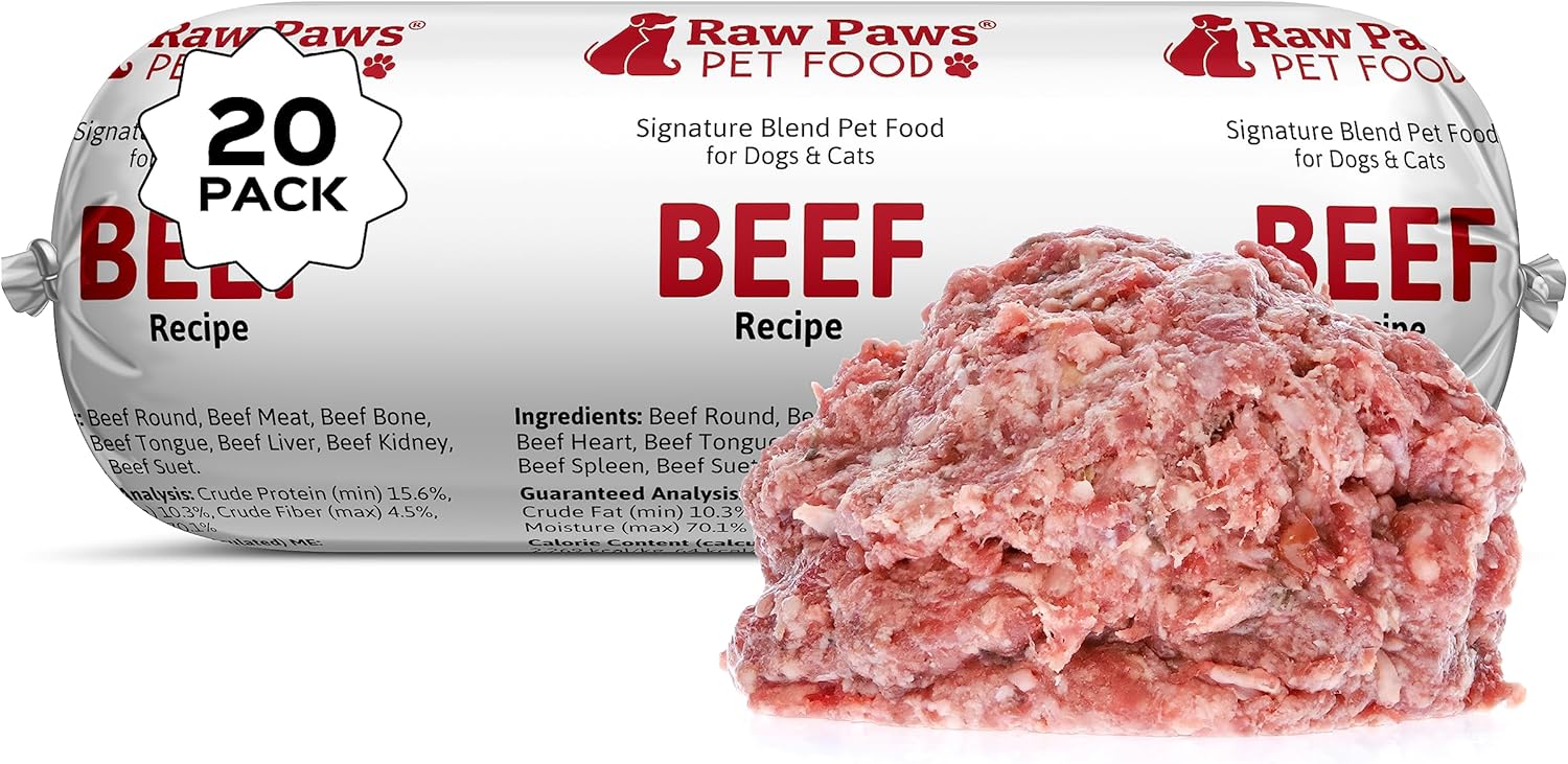 Raw Paws Signature Blend Pet Food For Dogs & Cats - Beef Recipe, 1-Lb Rolls (20 Pack) - Fresh Pet Food Made In Usa, Grass-Fed Beef Dog Food Log, Natural Dog Food Rolls, Raw Frozen Dog Food & Cat Food