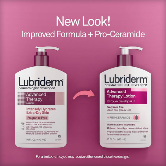 Lubriderm Advanced Therapy Fragrance Free Moisturizing Hand & Body Lotion + Pro-Ceramide With Vitamins E & Pro-Vitamin B5, Intense Hydration For Extra Dry Skin, Twin Pack, 2 X 16 Fl. Oz