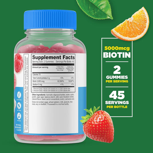 Lifeable Sugar Free Biotin Gummies for Kids ? 5000mcg ? Great Tasting Natural Flavor Supplement Vitamins ? Vegetarian GMO-free Chewable ? for Hair, Skin and Nails Support ? for Children ? 90 Gummies