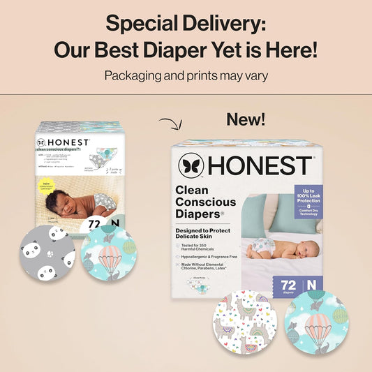 The Honest Company Clean Conscious Diapers For Delicate Skin | Up To 100% Leakproof | Hypoallergenic, Fragrance Free | Girl Prints | Club Box, Size Newborn, 72 Count (Prints May Vary)
