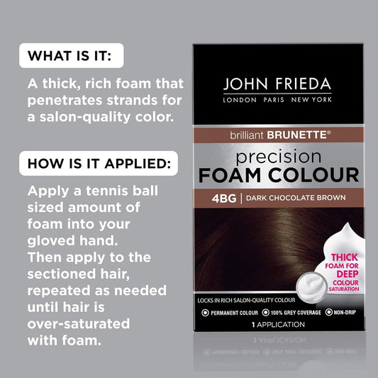 John Frieda Brown Permanent Precision Hair Color Foam Hair Color Kit, Brown Hair Dye, 4Bg Dark Chocolate Brown Hair Color, 1 Application