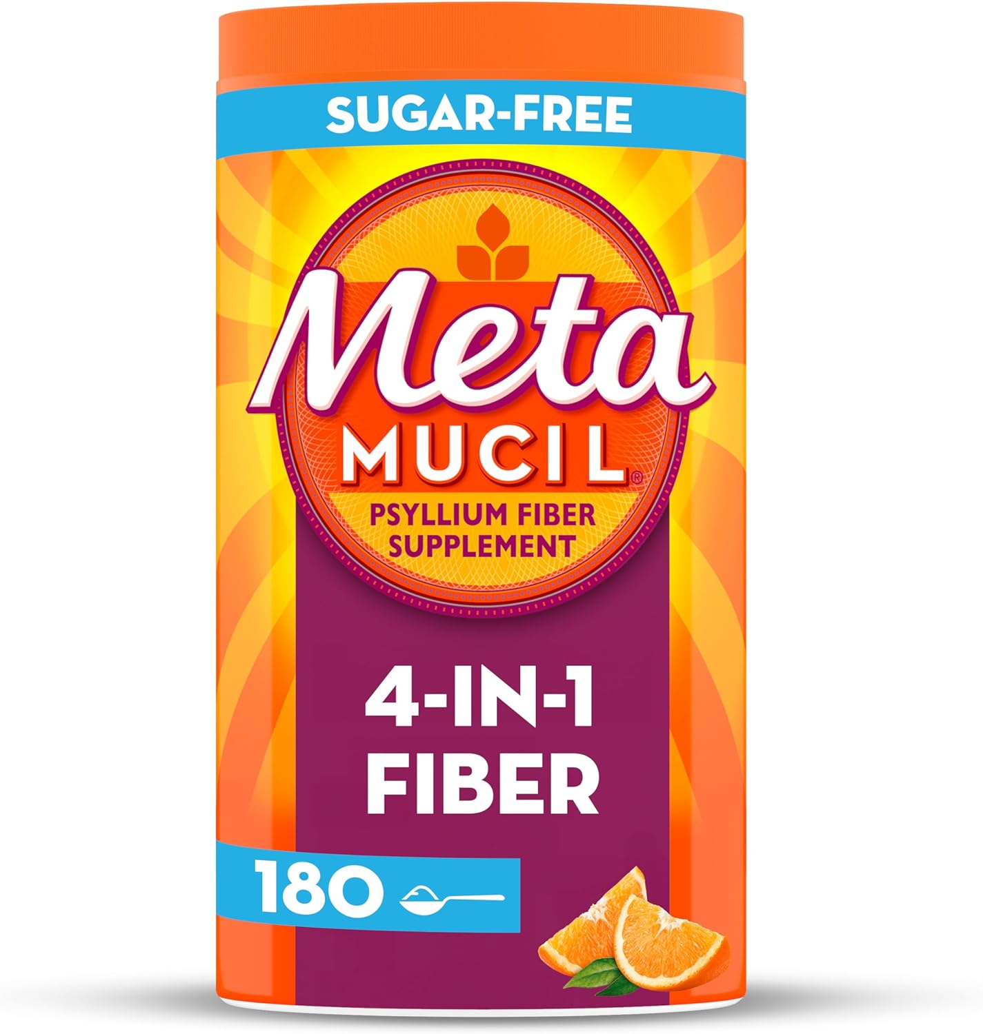 Metamucil, Daily Psyllium Husk Powder Supplement, Sugar-Free Powder, 4-in-1 Fiber for Digestive Health, Orange Flavored Drink, 180 teaspoons