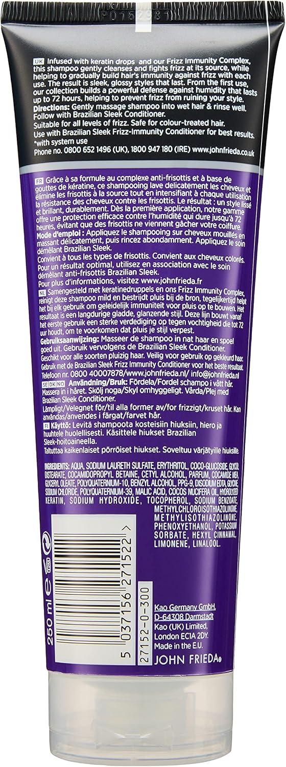 John Frieda Frizz Ease Brazilian Sleek Frizz Immunity Smoothing Shampoo 500ml, Hydrating Shampoo for Frizzy, Coarse Hair : Amazon.co.uk: Beauty